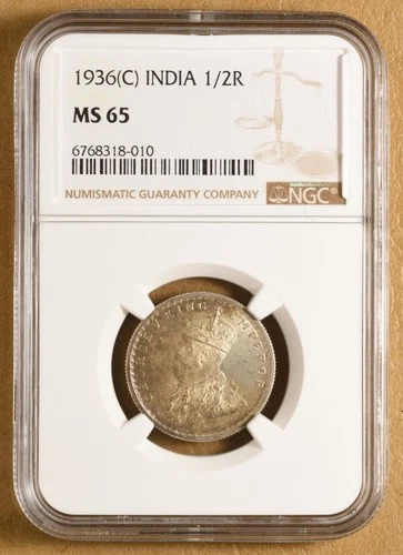 1936 C India 1/2 Rupee NGC MS65
