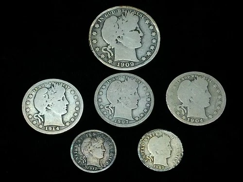 6 Coins U.S. Silver Barber Coin Assortment W/ Half Dollar