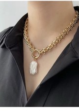 pearl pendant Chunky Chain Gold Necklace For Women Large Square Necklace