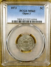 1873 Open 3 PCGS MS62 Shield Nickel