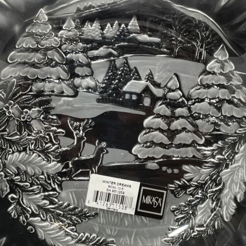 Mikasa Frosted Crystal Bowl 10 1/2” Winter Dreams Deer Log Cabin Nature Scene - Picture 6 of 11