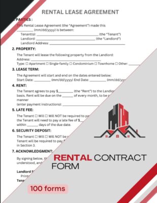 Rental Contract Form | 100 Residential Lease Agreement Forms | 8.5X11 Inch