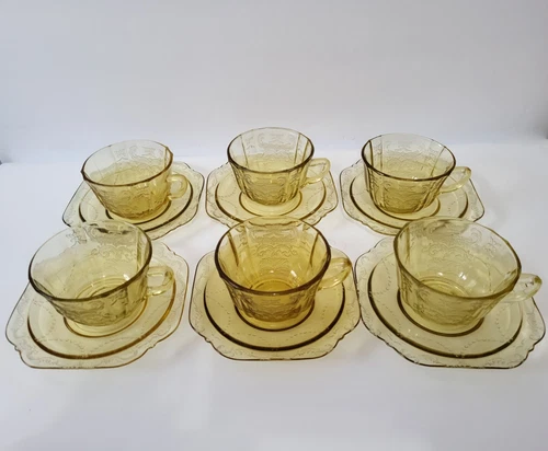 Set Of 6 Depression Era Federal Glass Amber Madrid Coffee Cups & Saucers
