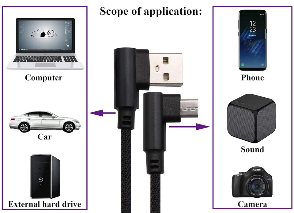 90 Degree Right Angle Micro USB Cable Fast Charging Cord 3/6/10FT For Samsung LG - Image 2 of 4