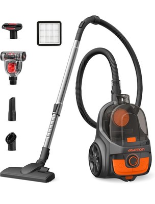 Upgraded 1200W Bagless Canister Vacuum Cleaner, Auto Cord Rewind, 