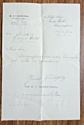 1922 H.T. Roper-Hall Zahnarzt, Kings Heath, Birmingham. Terminbrief