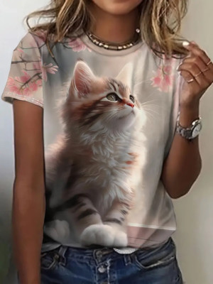 Pink Blossom Cat printed tee shirt for women short sleeve crew neck cat lovers