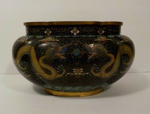 19th C. Chinese Cloisonne on Bronze 5.5" Tall Dragon Jardiniere, Meiji Period