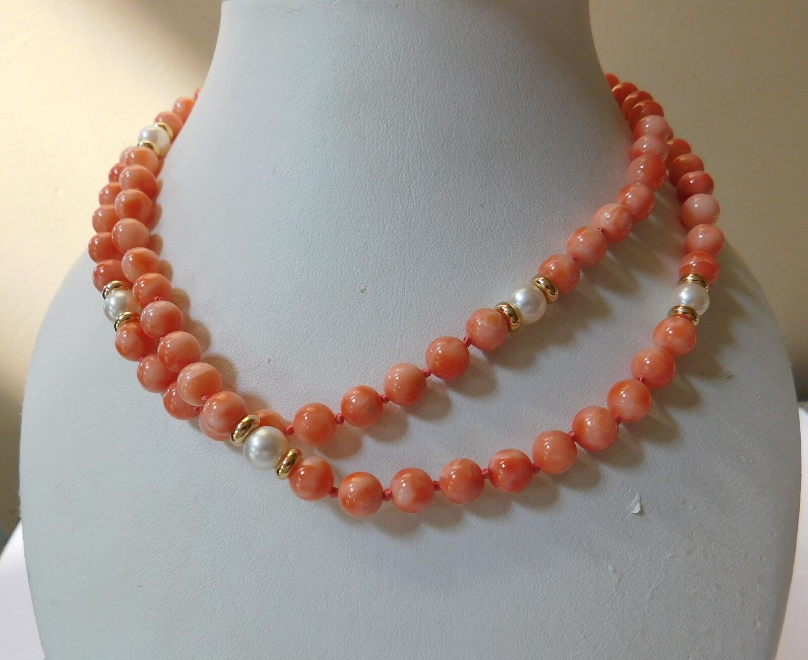 Stunning 14K Gold Pearl pink Coral Beaded Necklac… - image 2