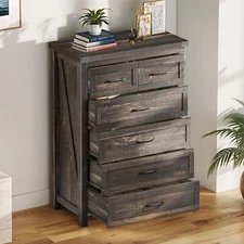 Tall 6 Drawer Dresser Dark Wood Storage Chest Bedroom Furniture Storage Cabinet