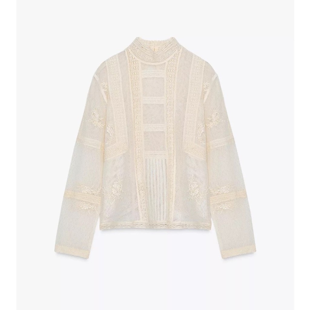 ZARA ZW Collection Romantic Cream Lace Blouse | Size M NWT Cottage Embroidered