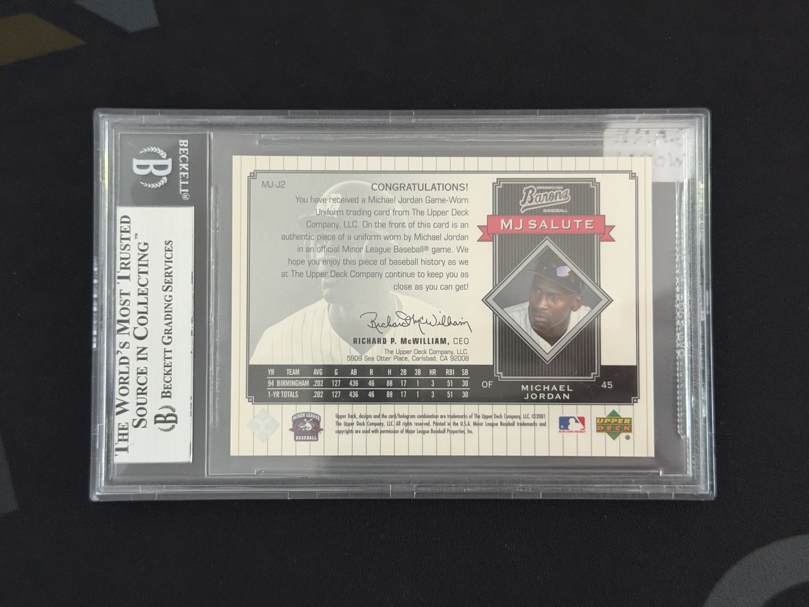 MICHAEL JORDAN 2001 UPPER DECK MINOR SALUTE GAME USED JERSEY CARD - RARE - BGS 9 view 2
