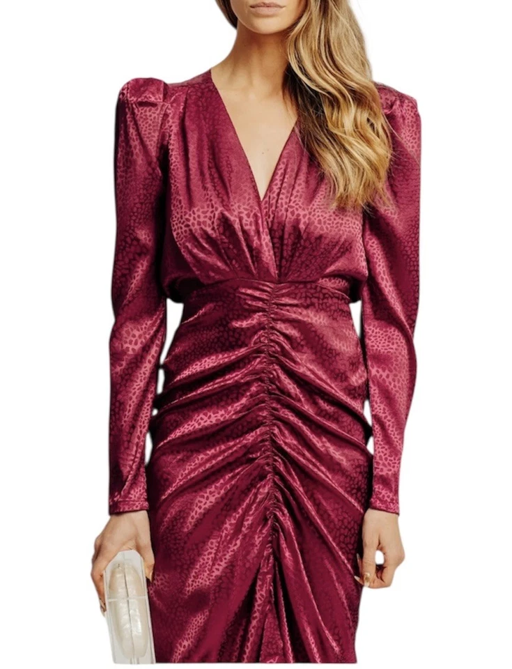 Torn by Ronny Kobo 女式葡萄酒 Astrid 褶皱领连衣裙 L 码全新带标签 — 第 3/4 张图片