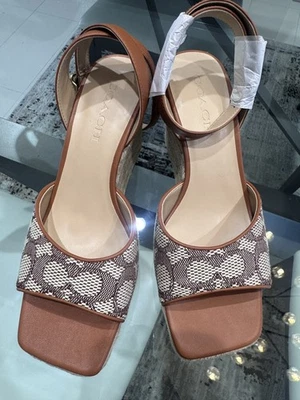 COACH Signature Textile Jacquard Espadrille Wedges In Cocoa/Burnished Amber - 8 - Image 1 of 4