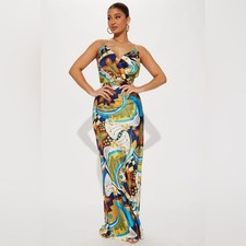 (A2) NWOT Fashion Nova Simi Satin Maxi Dress - Multi Color M 7 9