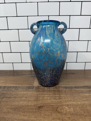 Dale Tiffany Amphora Art Glass Vase Blue & Gold Copper Fleck Milano Favrille 7''