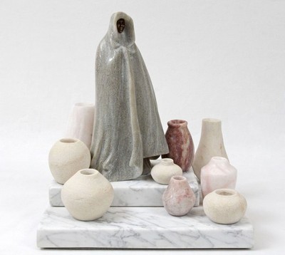 Lathrop Bullene 30LB Carved Marble Cloaked Female Figure & Pots Sculpture