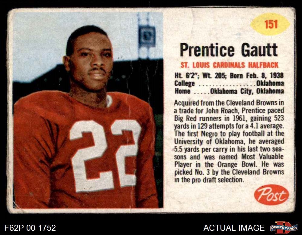 1962 Post Cereal #151 Prentice Gautt Cardinals-FB Oklahoma 1 - POOR