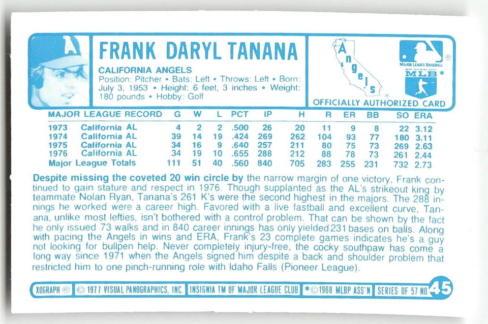 1977 Kellogg's 3-D Super Stars #45 Frank Tanana BASEBALL California Angels - Image 2 of 2