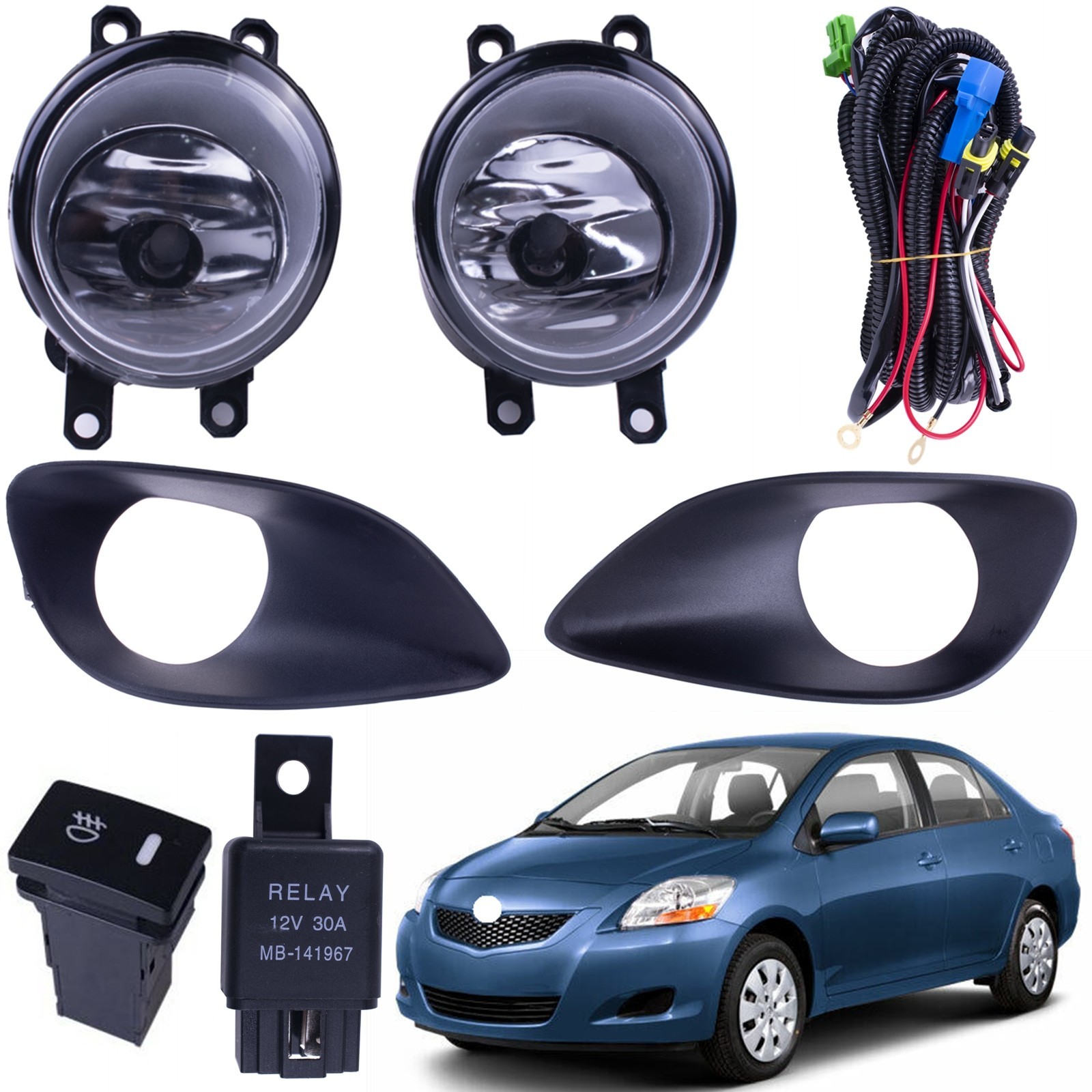One Set Fog Light Lamps+Covers+Switch+Wiring For Toyota Yaris Sedan 1.5L 2007-12