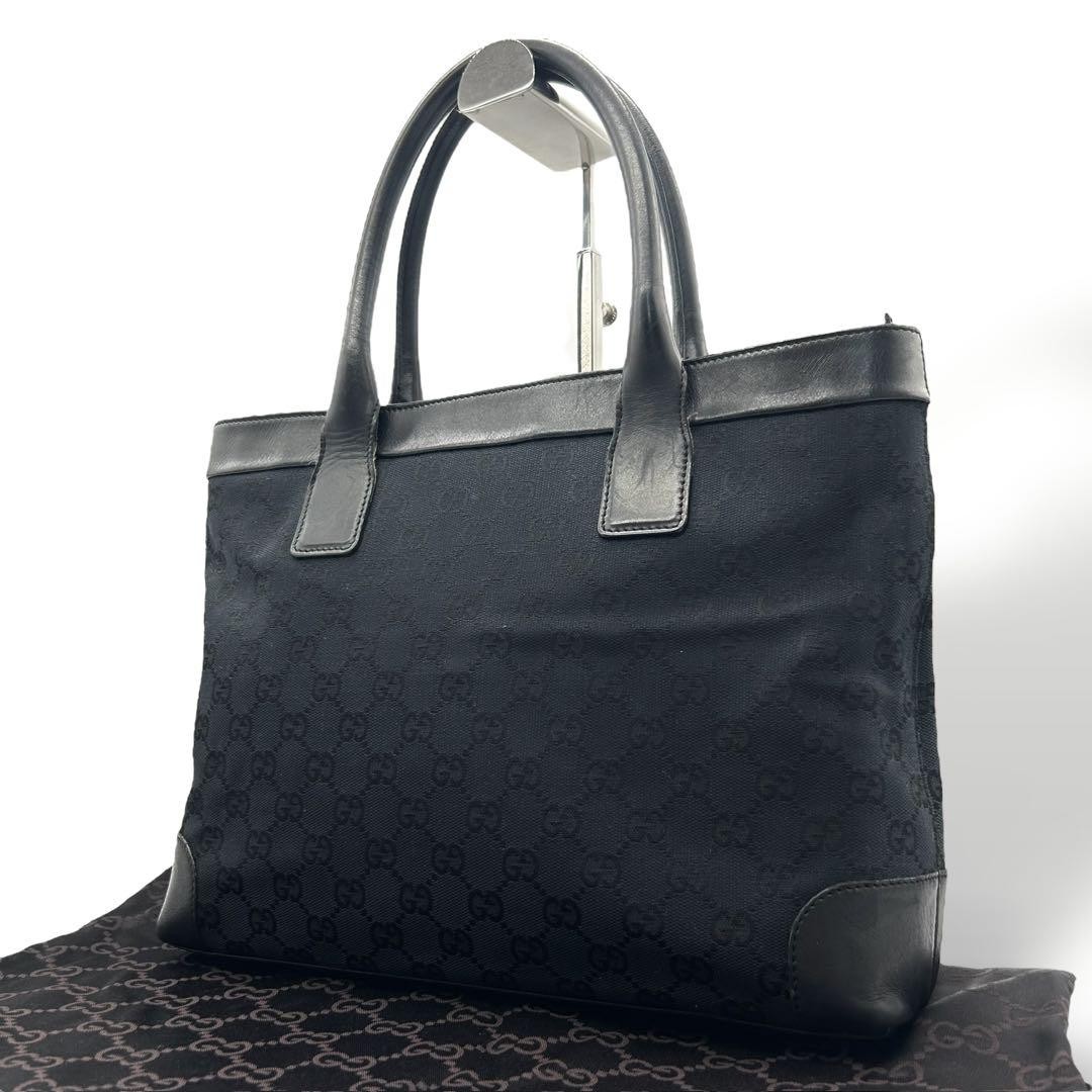 Vintage GUCCI GG Canvas Tote Bag Black Leather A4 Size Japan Import