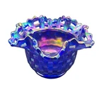 VTG FENTON Carnival Glass Cobalt Blue/Iridescent Basket Weave Candy Dish Bowl