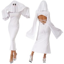 Womens White Ghost Spooky Poncho Cosplay Lace-up Dress Halloween Ghost Costume