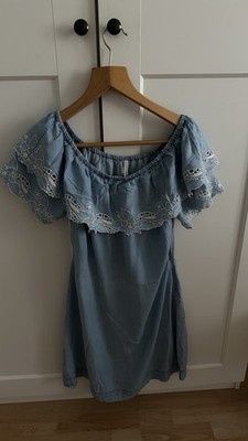 Pepe Jeans Sommerkleid Tunika Hellblau mit Spitze Gr. L Off-Shoulder