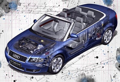 Line Tech Zeichnung Audi A4 3.0 Cabrio Auto Car Classic Cutaway Kunst Poster Druck