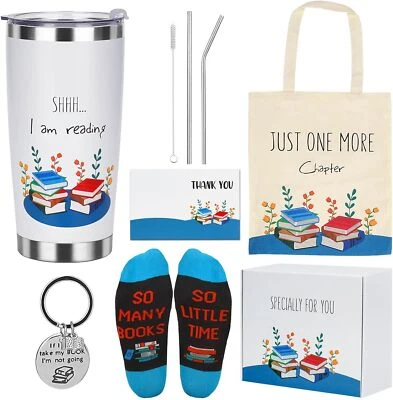 8PCS Gift Set For Book Lovers 20oz Tumbler, Straw Brush, Canvas Tote Bag