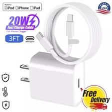 20W PD Power Wall Charger Usb c 3FT Charging Cable for iPhone 14 13 12 11 G