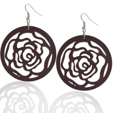 Orecchini a monachella pendenti mm 65 in legno e acciaio con rosa centrale mm 48