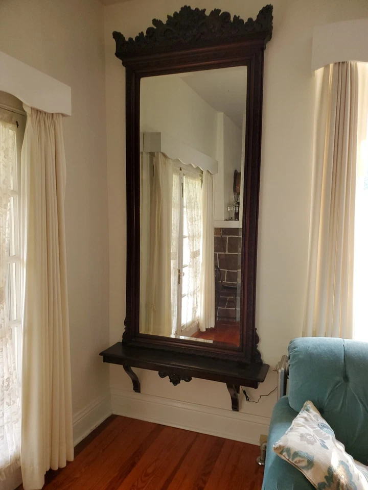 ANTIQUE VICTORIAN WALL MIRROR  1899, WALNUT WOOD AND PLASTER - Image 2 of 4
