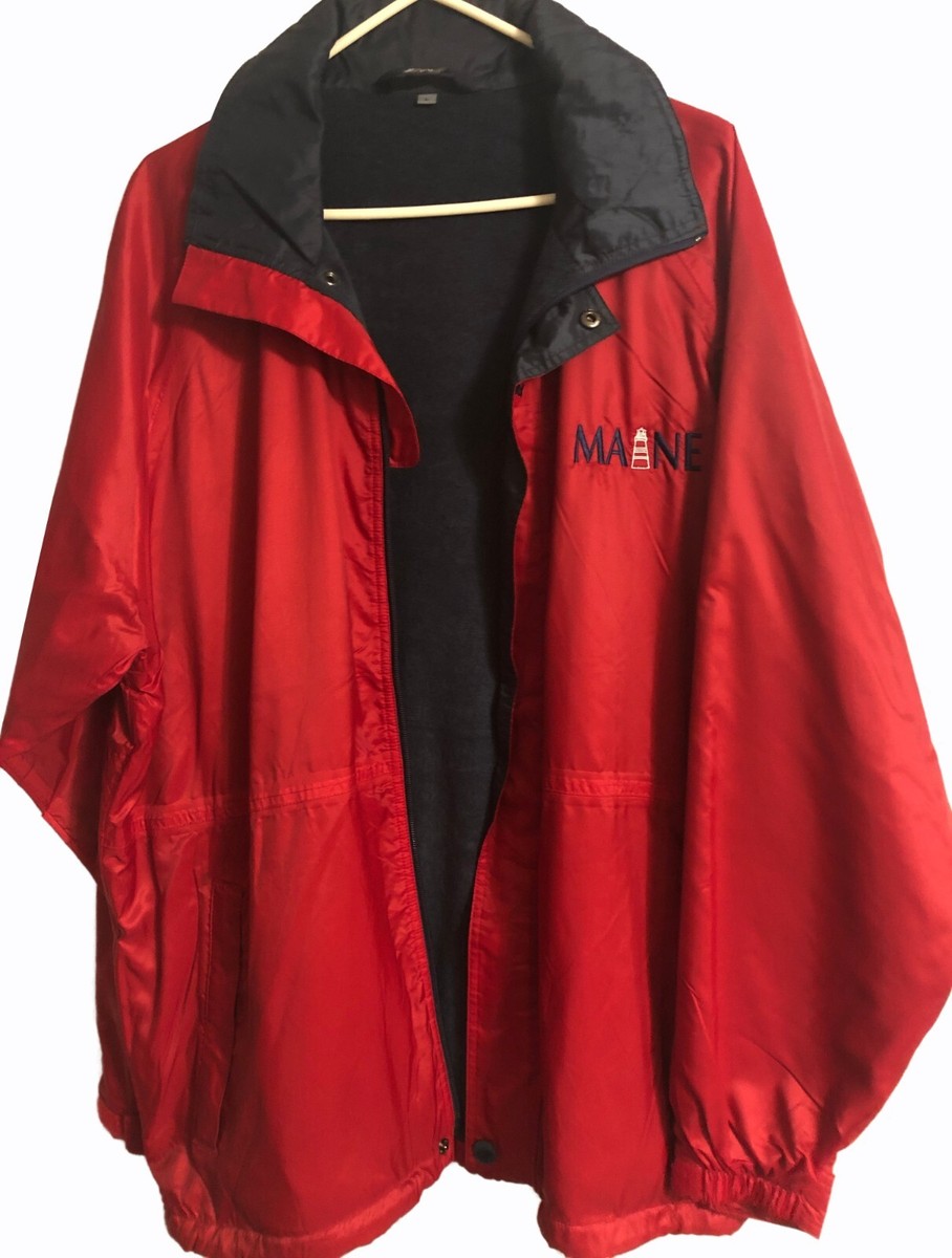 vtg Red Zip Jacket Windbreaker Sz L MAINE Logo LINED Hood Pockets