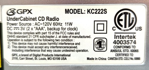 GPX Under Cabinet CD/Radio KC222S Remote & Mounting Hardware MP3 Ready - Picture 7 of 8