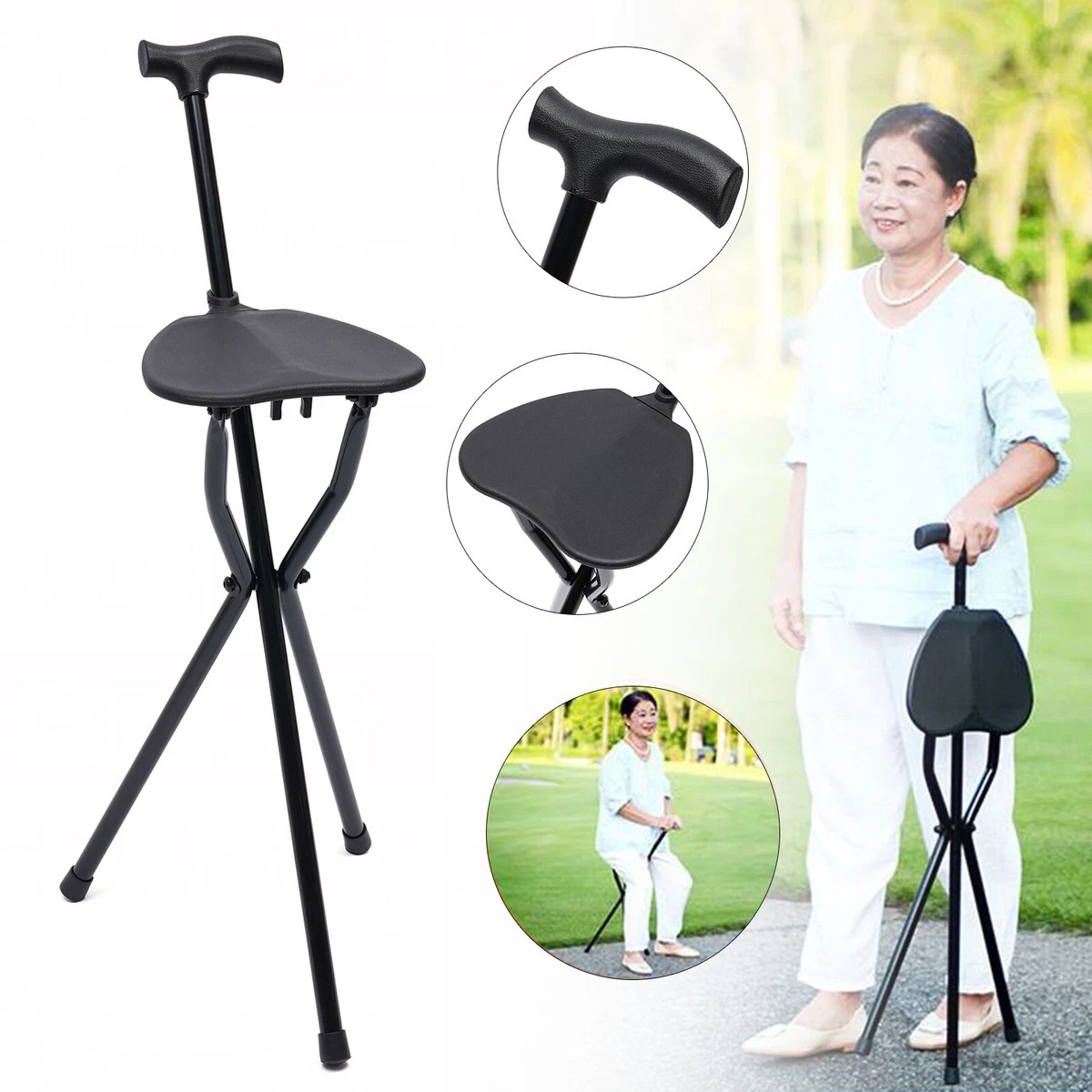 Elderly Folding Cane Seat Walking Stick Aluminum Alloy Stool Chair