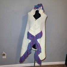 Unicorn Knitted Sweater Hooded Shawl Girls Youth Ivory Blue Purple Fringe Button