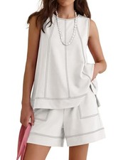 LOMON Womens Two Piece Short Sets with Pockets Medium White