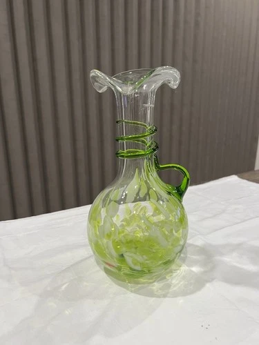 Vintage Green Art Glass Vase With Ruffled Lip Hand Blown Murano Style Confetti
