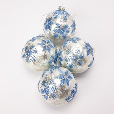 Blue Silver Glitter Snowflake Glass Christmas Ball Ornaments Set of 4 New
