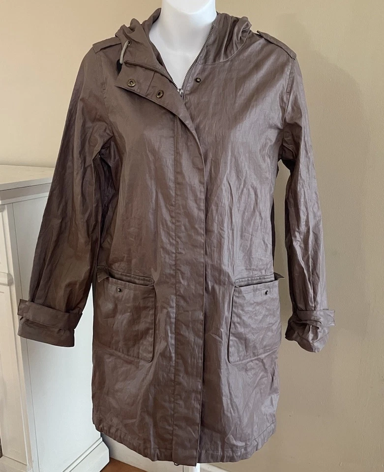 Garnet Hill Size 4 Waxed Coated Linen Long Coat Utility Rain Trench Hooded - Image 2 of 4
