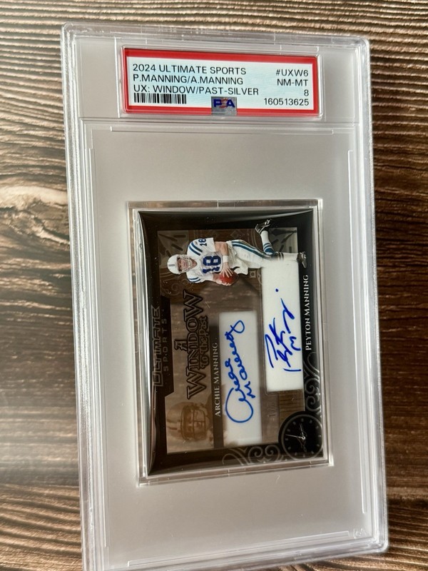 2024 Leaf Ultimate Peyton Archie Manning Dual Auto Window to the Past 1/6 PSA 8