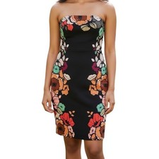 EXPRESS Black Floral Print Strapless Bodycon Dress EUC Size 6