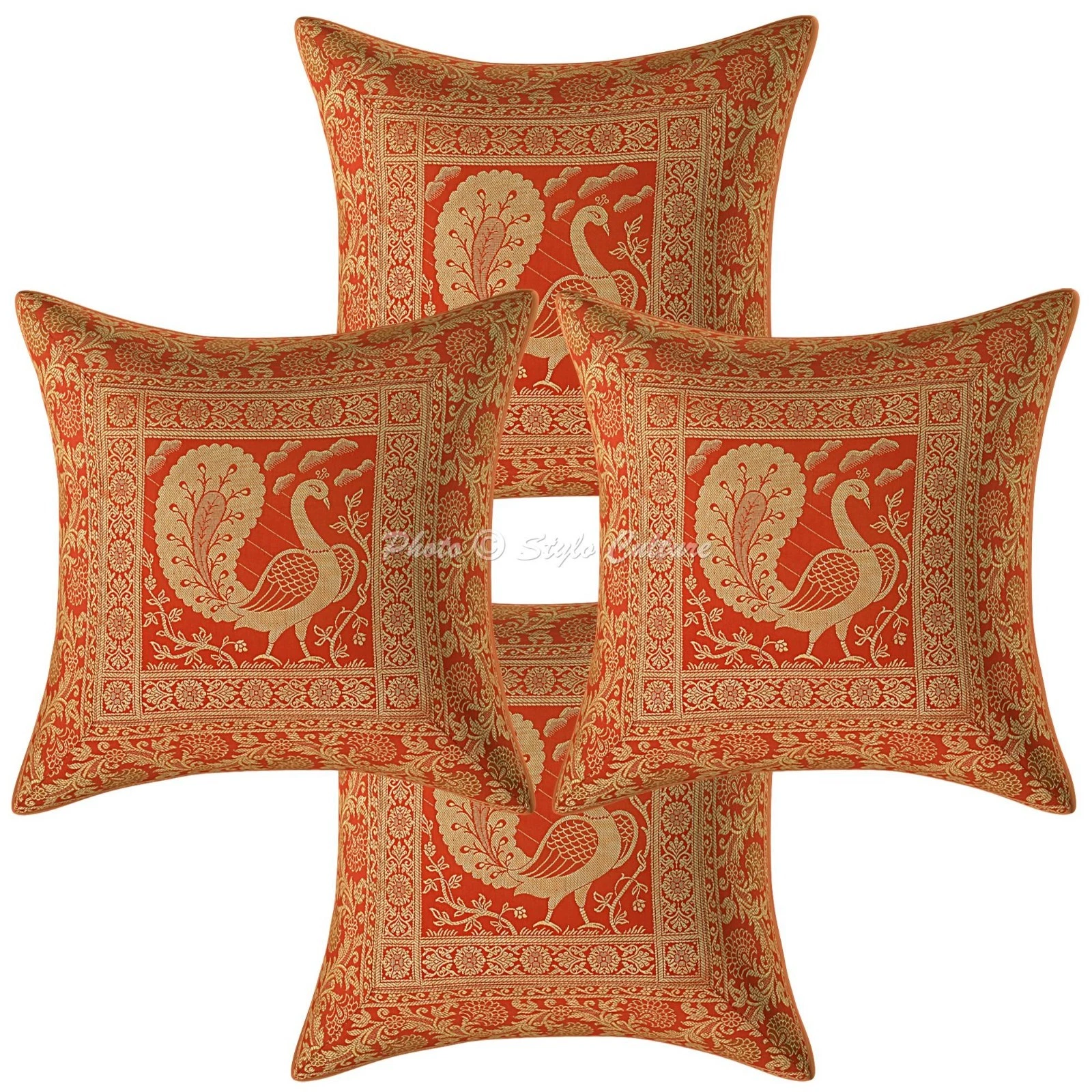 Boho Brocade Throw Pillow Covers Jacquard Peacock 40x40 cm Pillowcases 4 Pcs