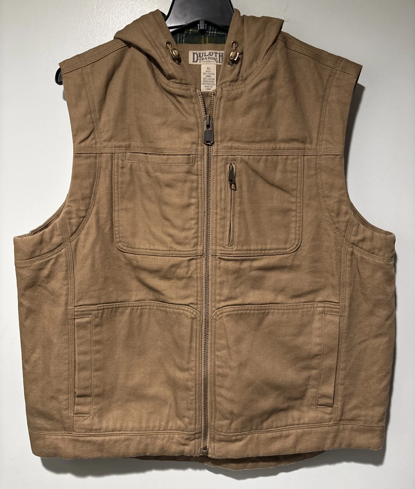 Duluth Trading Brown Canvas Full Zip Vest Plaid Flannel Lined Hooded Fire Hose