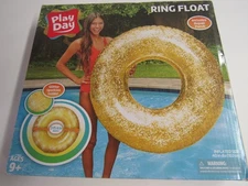 Play Day Inflatable Gold Glitter Pool Ring Float, 40" w Repair Patch NIB 