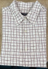 Alfani Shirt Mens Size Large Short Sleeve Beige Red Stripe Modal Polyester EUC