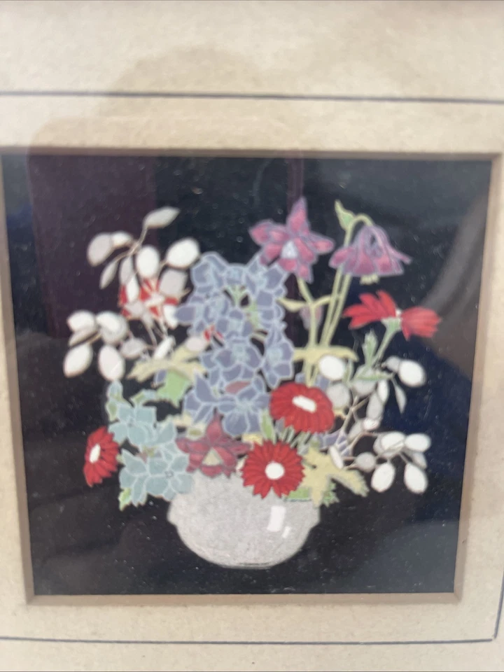 "Litografía floral pequeña mini decoración de pared con marco de madera 6x6"" colgante vintage MCM" Foto 4 de 4