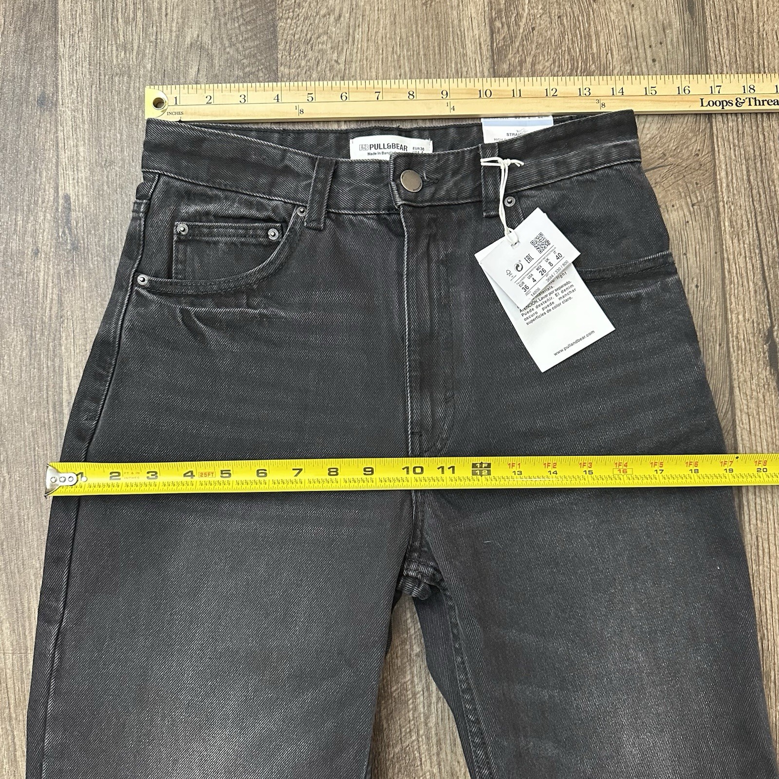Pull&Bear Straight Leg Jeans Y2K High Rise Raw Hem Full Length Size 4 Black image 10