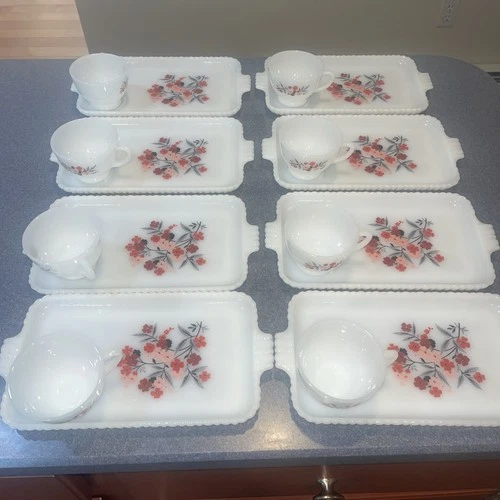 Vintage Fire King Snack Set Primrose Pattern Set of 8 Cups & Plates, Milk Glass